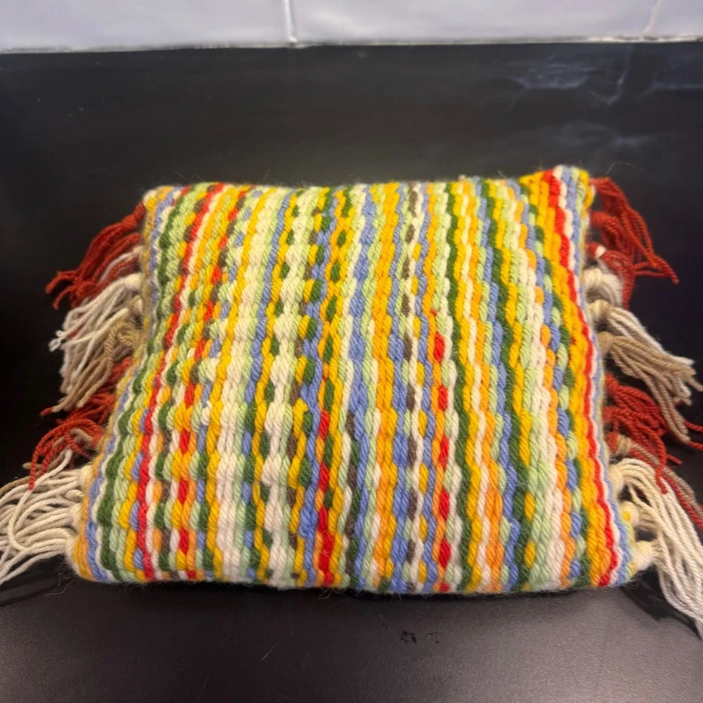 Handmade Woven Throw Pillow Small Multi-Color Striped Boho Fringe Accent